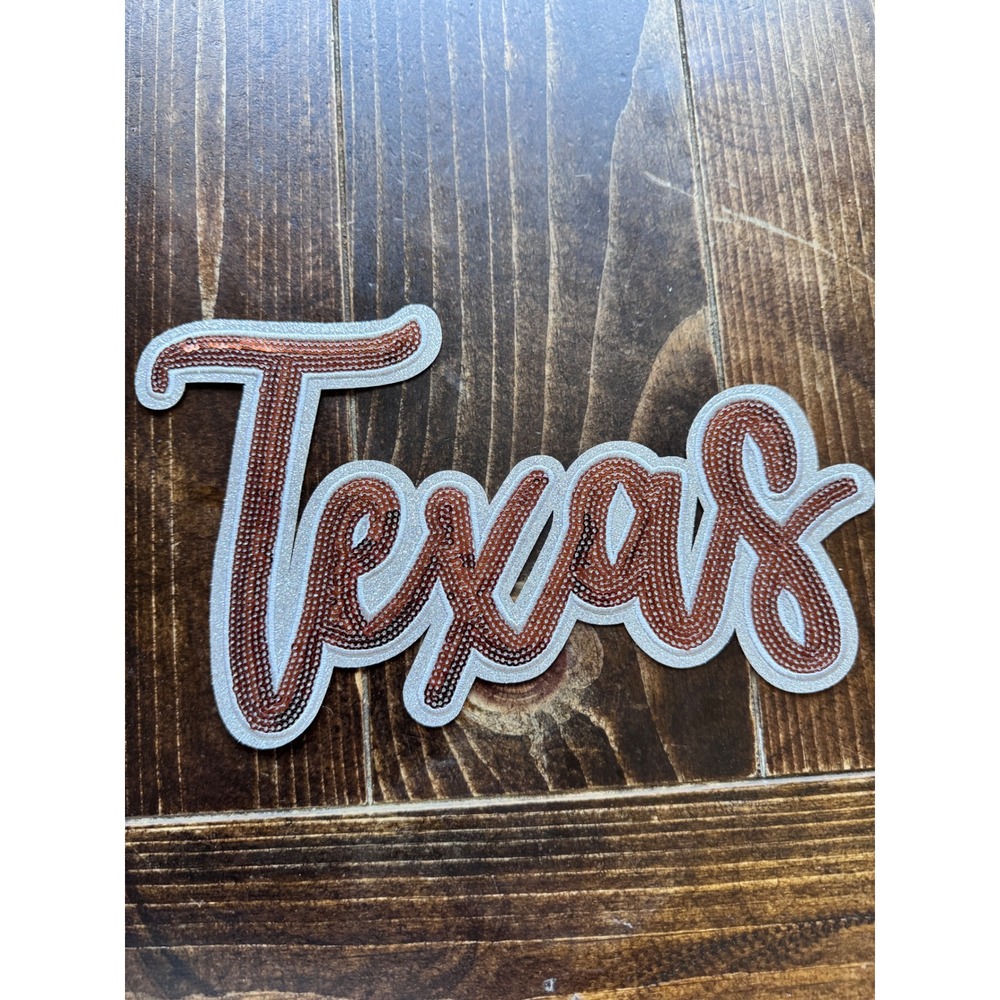 Texas Sequin Patch Burnt Orange White Script Iron On Applique 9.5 Inch Game Day